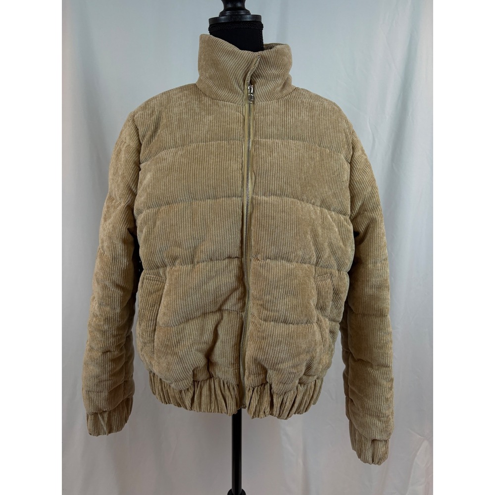 Papermoon Tan Beige Corduroy Puffer Jacket Full Zip Funnel Neck PJ15397-2 Medium